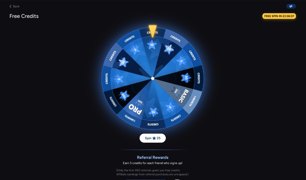 Free Credits page with a large spin wheel